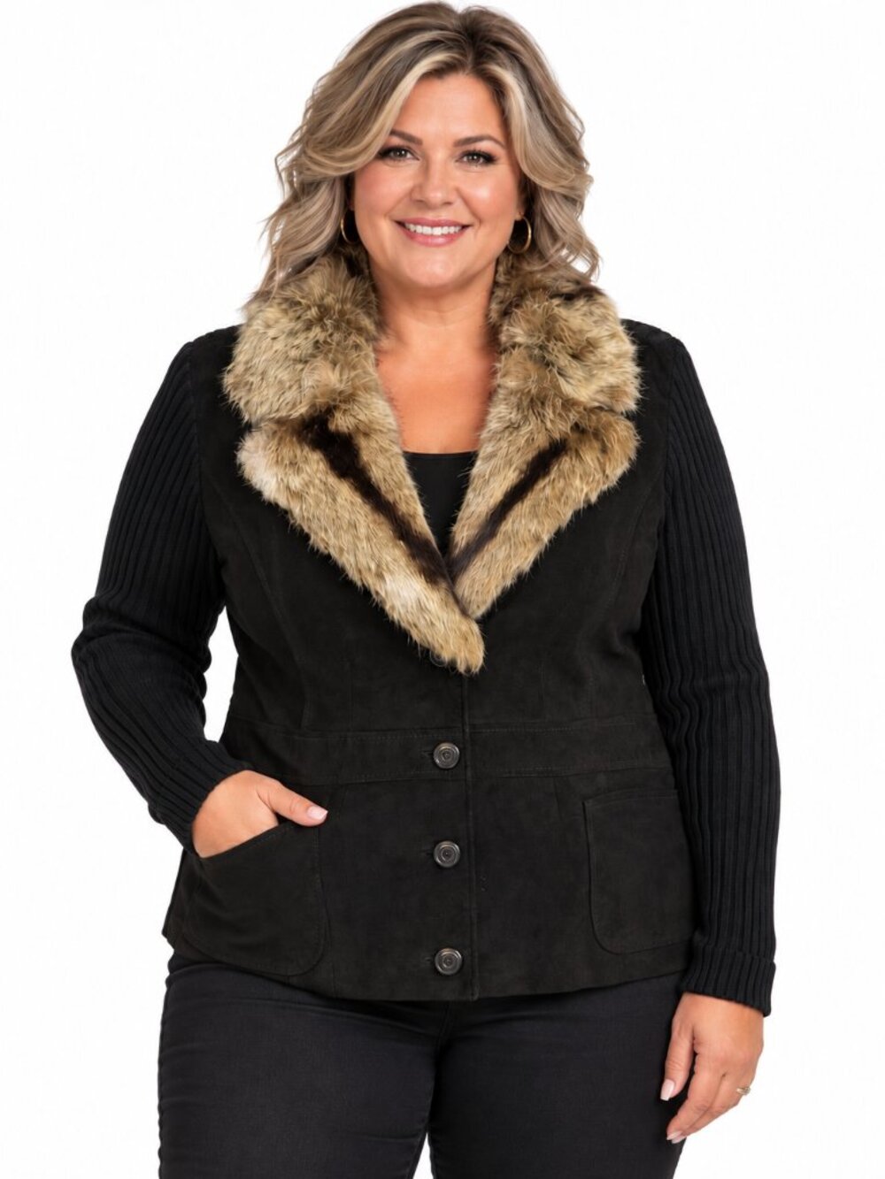 Women's Large Jacket Black Suede Rabbit Fur Knit John Paul Richard Uniform